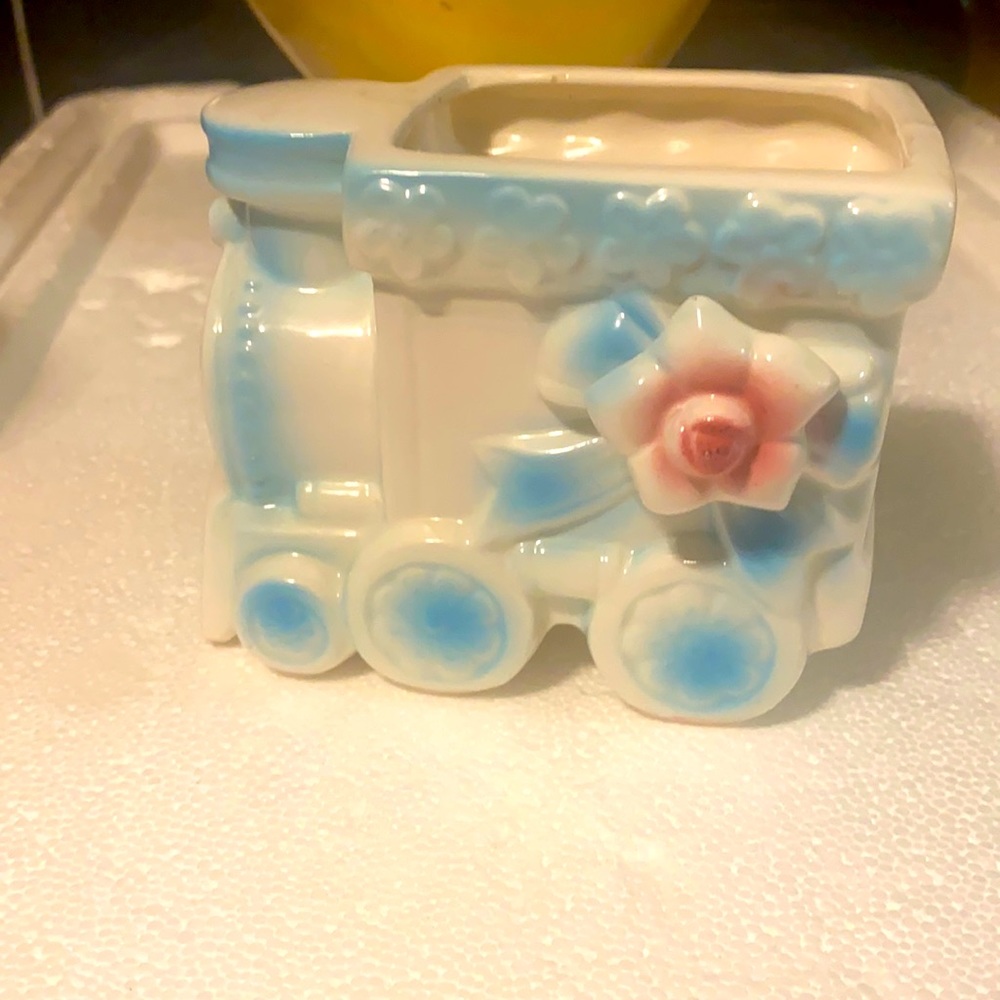 Vintage Rubens nursery planter  baby shower gift  blue - pink train